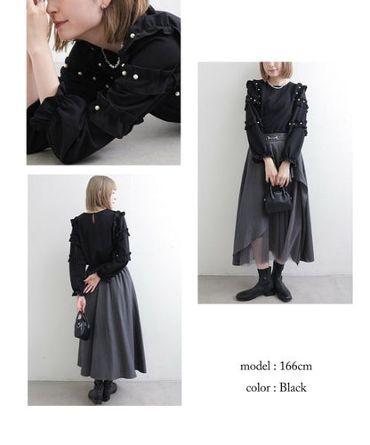 【M〜L】お袖フリルパール付T｜フリル袖×パール装飾・上品可愛いブラウス風カットソー・長袖トップス 199923