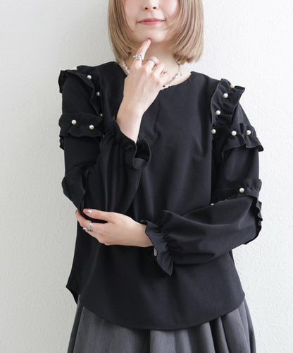 【M〜L】お袖フリルパール付T｜フリル袖×パール装飾・上品可愛いブラウス風カットソー・長袖トップス 199923