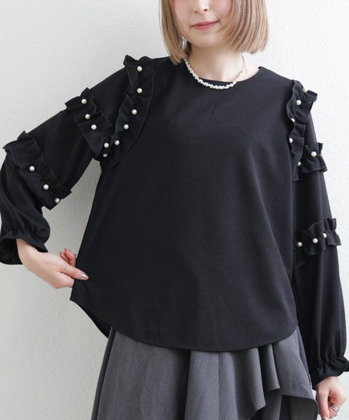 【M〜L】お袖フリルパール付T｜フリル袖×パール装飾・上品可愛いブラウス風カットソー・長袖トップス 199923