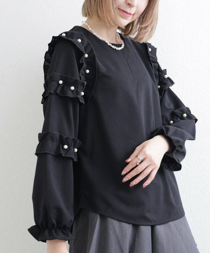 【M〜L】お袖フリルパール付T｜フリル袖×パール装飾・上品可愛いブラウス風カットソー・長袖トップス 199923