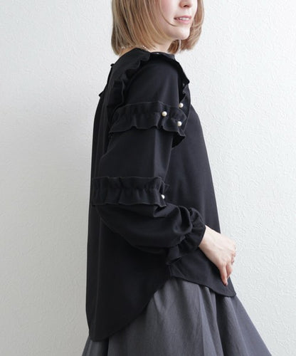 【M〜L】お袖フリルパール付T｜フリル袖×パール装飾・上品可愛いブラウス風カットソー・長袖トップス 199923