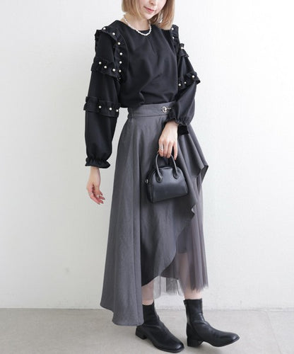 【M〜L】お袖フリルパール付T｜フリル袖×パール装飾・上品可愛いブラウス風カットソー・長袖トップス 199923