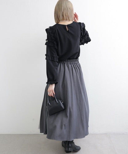 【M〜L】お袖フリルパール付T｜フリル袖×パール装飾・上品可愛いブラウス風カットソー・長袖トップス 199923