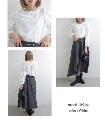 【M〜L】お袖フリルパール付T｜フリル袖×パール装飾・上品可愛いブラウス風カットソー・長袖トップス 199923