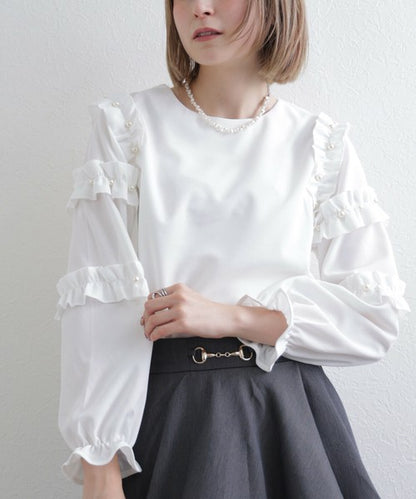 【M〜L】お袖フリルパール付T｜フリル袖×パール装飾・上品可愛いブラウス風カットソー・長袖トップス 199923