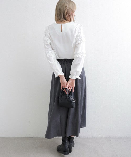【M〜L】お袖フリルパール付T｜フリル袖×パール装飾・上品可愛いブラウス風カットソー・長袖トップス 199923