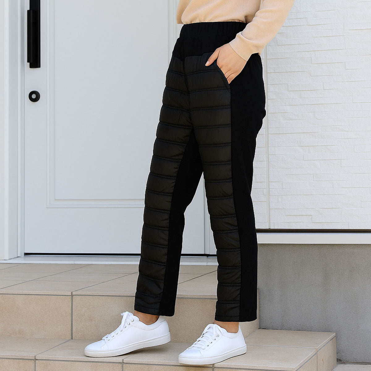 【M〜L】【LL】裏シャギー中綿キルトパンツ｜ダウン風 レディース ボトムス 防寒 あったか ストレッチ ブラック 13829