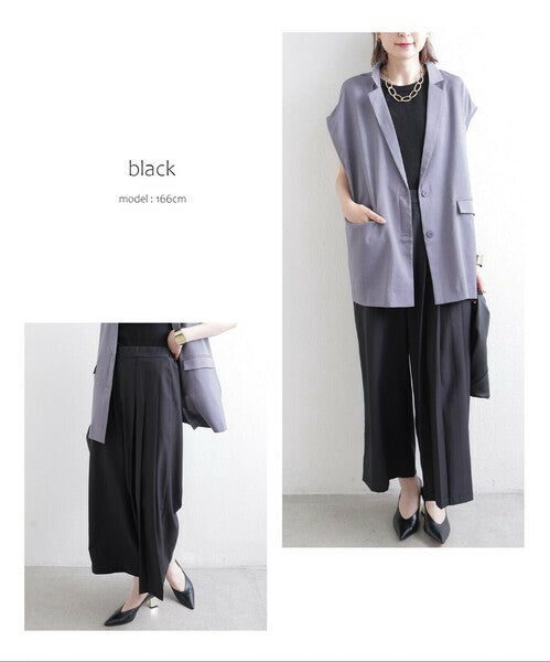 【M〜L】ワンサイドプリーツ ワイドパンツ｜アシンメトリーデザイン・ウエストゴム・ポリエステルストレッチ・comme soi 13833707