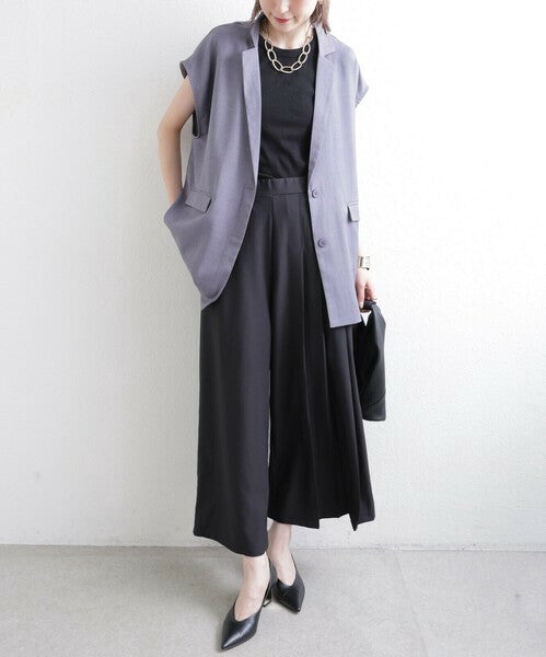 【M〜L】ワンサイドプリーツ ワイドパンツ｜アシンメトリーデザイン・ウエストゴム・ポリエステルストレッチ・comme soi 13833707