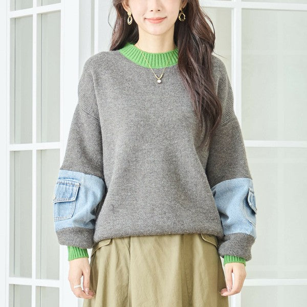 【M〜L】カラーネック×デニムスリーブニットトップス｜配色リブ・体型カバー・大人カジュアル｜TRUBE N15-258
