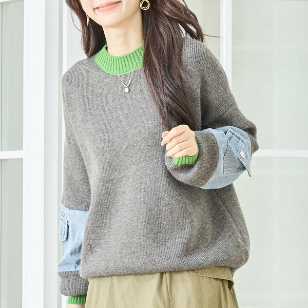 【M〜L】カラーネック×デニムスリーブニットトップス｜配色リブ・体型カバー・大人カジュアル｜TRUBE N15-258