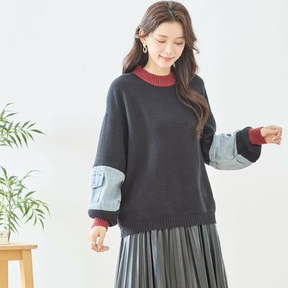 【M〜L】カラーネック×デニムスリーブニットトップス｜配色リブ・体型カバー・大人カジュアル｜TRUBE N15-258