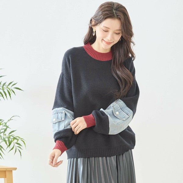【M〜L】カラーネック×デニムスリーブニットトップス｜配色リブ・体型カバー・大人カジュアル｜TRUBE N15-258