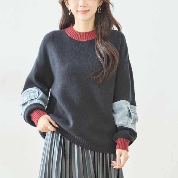 【M〜L】カラーネック×デニムスリーブニットトップス｜配色リブ・体型カバー・大人カジュアル｜TRUBE N15-258