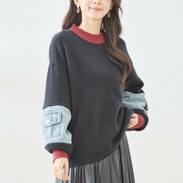 【M〜L】カラーネック×デニムスリーブニットトップス｜配色リブ・体型カバー・大人カジュアル｜TRUBE N15-258