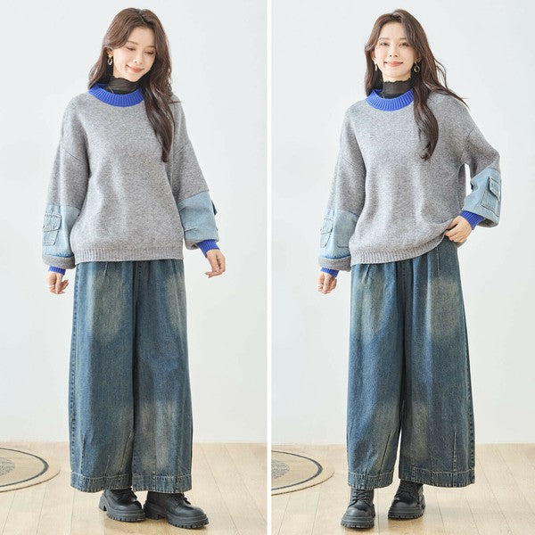 【M〜L】カラーネック×デニムスリーブニットトップス｜配色リブ・体型カバー・大人カジュアル｜TRUBE N15-258