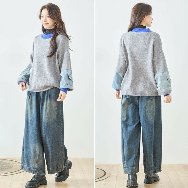【M〜L】カラーネック×デニムスリーブニットトップス｜配色リブ・体型カバー・大人カジュアル｜TRUBE N15-258