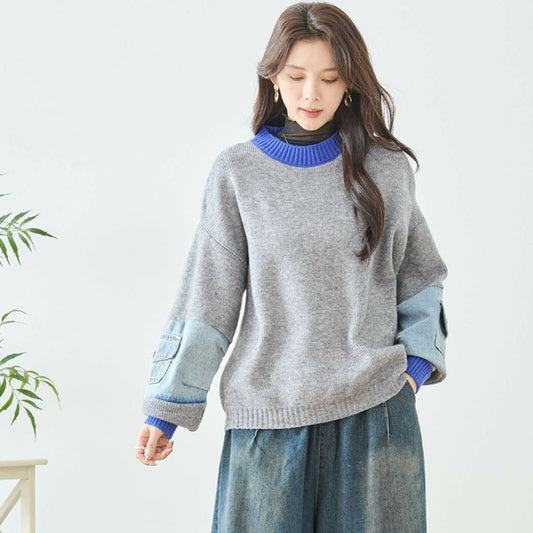 【M〜L】カラーネック×デニムスリーブニットトップス｜配色リブ・体型カバー・大人カジュアル｜TRUBE N15-258