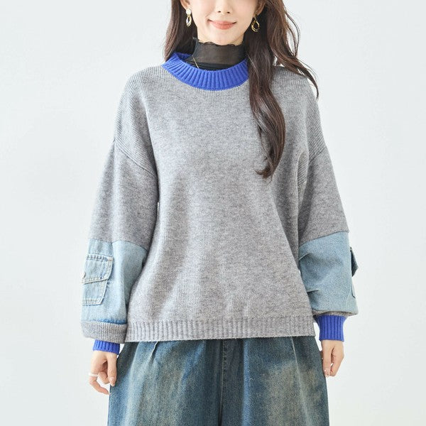 【M〜L】カラーネック×デニムスリーブニットトップス｜配色リブ・体型カバー・大人カジュアル｜TRUBE N15-258