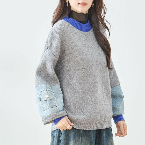 【M〜L】カラーネック×デニムスリーブニットトップス｜配色リブ・体型カバー・大人カジュアル｜TRUBE N15-258