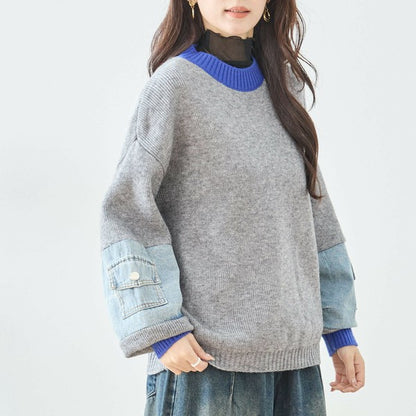 【M〜L】カラーネック×デニムスリーブニットトップス｜配色リブ・体型カバー・大人カジュアル｜TRUBE N15-258