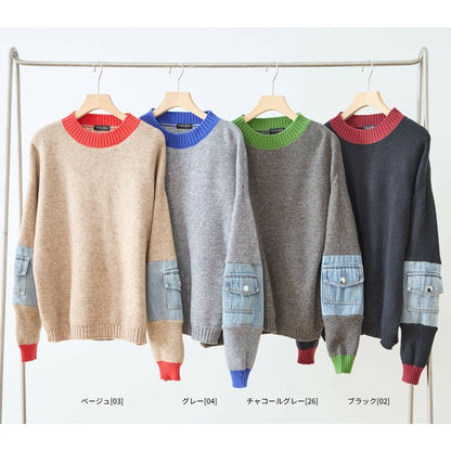 【M〜L】カラーネック×デニムスリーブニットトップス｜配色リブ・体型カバー・大人カジュアル｜TRUBE N15-258