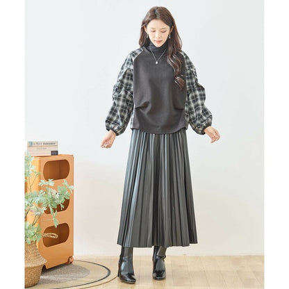 【M〜L】袖チェック切替トップス｜大人カジュアル・体型カバー・長袖プルオーバー・reve bleu N12-837