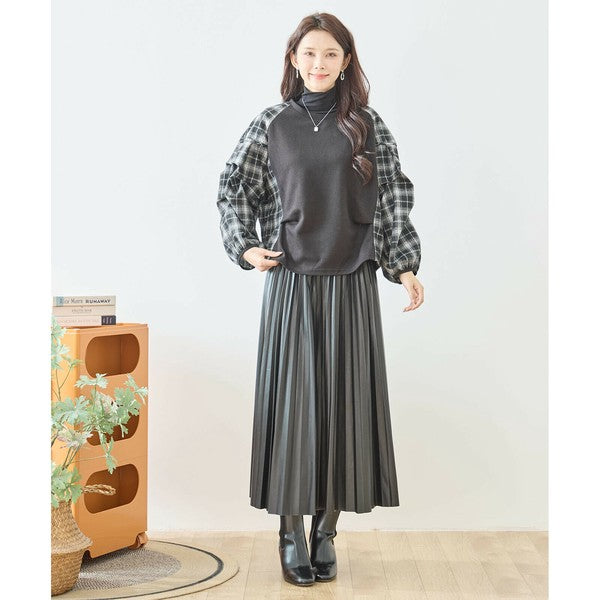 【M〜L】袖チェック切替トップス｜大人カジュアル・体型カバー・長袖プルオーバー・reve bleu N12-837