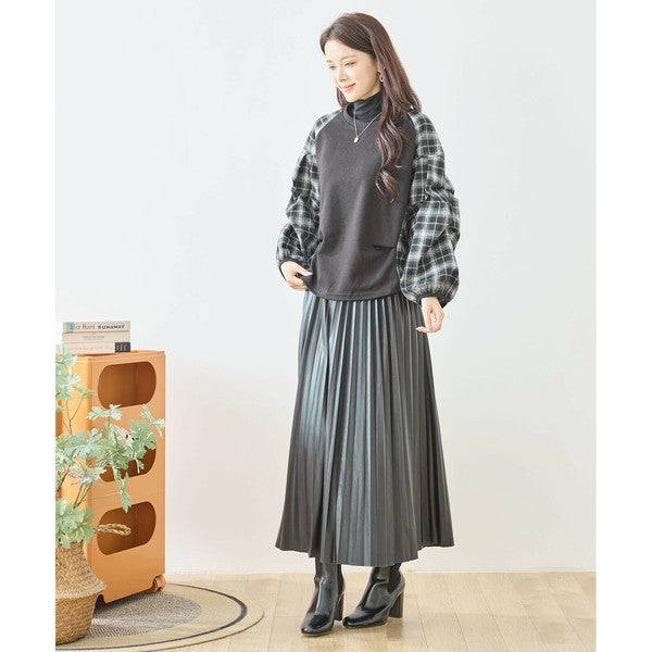【M〜L】袖チェック切替トップス｜大人カジュアル・体型カバー・長袖プルオーバー・reve bleu N12-837