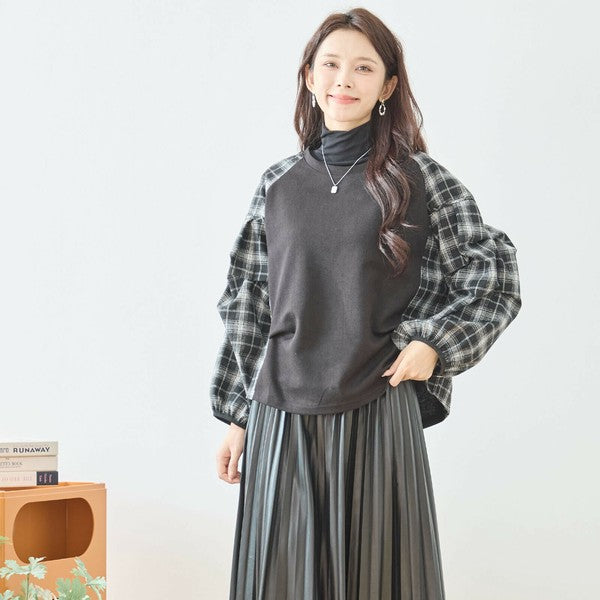 【M〜L】袖チェック切替トップス｜大人カジュアル・体型カバー・長袖プルオーバー・reve bleu N12-837