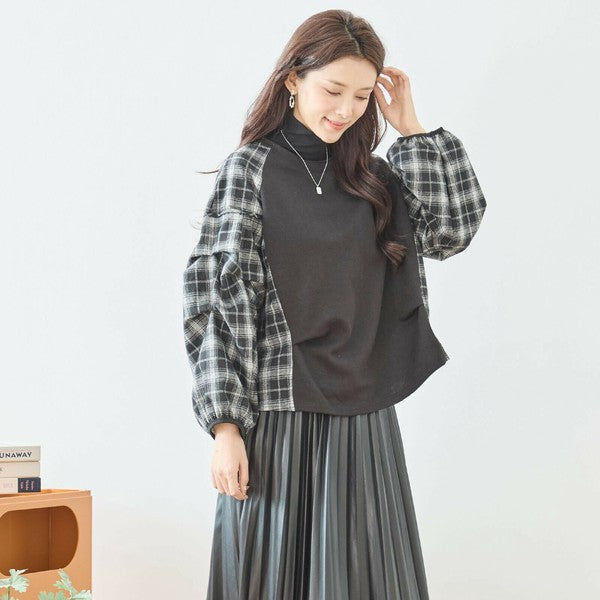 【M〜L】袖チェック切替トップス｜大人カジュアル・体型カバー・長袖プルオーバー・reve bleu N12-837