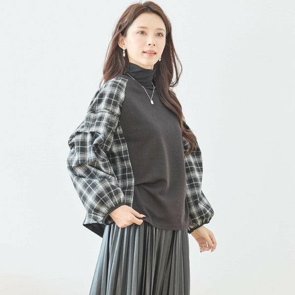 【M〜L】袖チェック切替トップス｜大人カジュアル・体型カバー・長袖プルオーバー・reve bleu N12-837