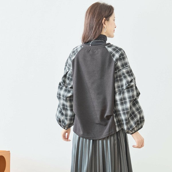 【M〜L】袖チェック切替トップス｜大人カジュアル・体型カバー・長袖プルオーバー・reve bleu N12-837