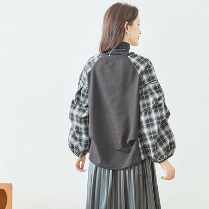 【M〜L】袖チェック切替トップス｜大人カジュアル・体型カバー・長袖プルオーバー・reve bleu N12-837