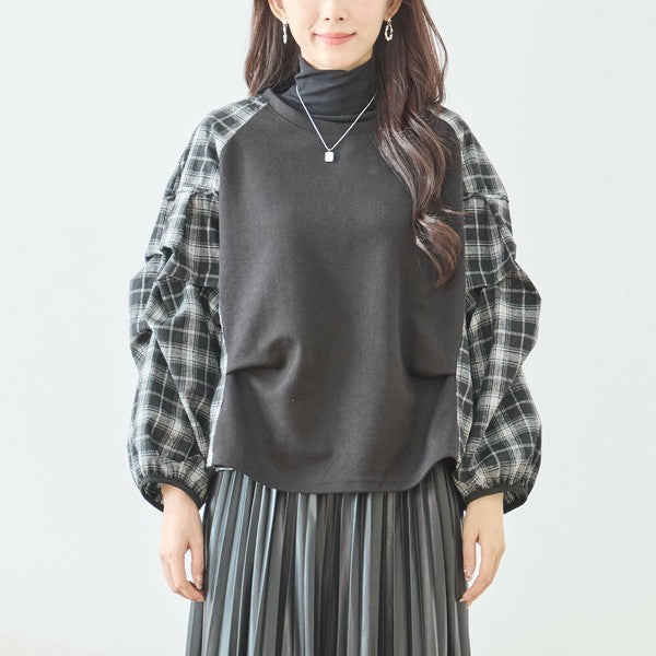 【M〜L】袖チェック切替トップス｜大人カジュアル・体型カバー・長袖プルオーバー・reve bleu N12-837