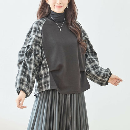 【M〜L】袖チェック切替トップス｜大人カジュアル・体型カバー・長袖プルオーバー・reve bleu N12-837