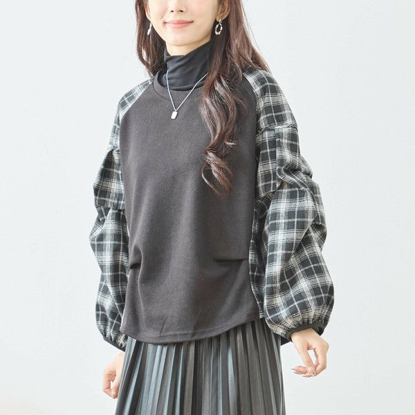 【M〜L】袖チェック切替トップス｜大人カジュアル・体型カバー・長袖プルオーバー・reve bleu N12-837