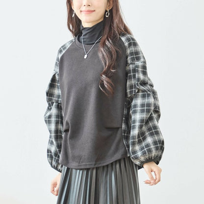 【M〜L】袖チェック切替トップス｜大人カジュアル・体型カバー・長袖プルオーバー・reve bleu N12-837
