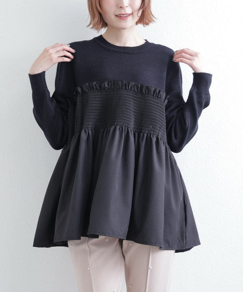 【M〜L】異素材切替 ギャザーニット｜ペプラム風シルエット・体型カバー・長袖トップス・chouchou 201797