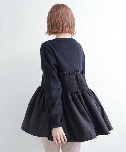 【M〜L】異素材切替 ギャザーニット｜ペプラム風シルエット・体型カバー・長袖トップス・chouchou 201797