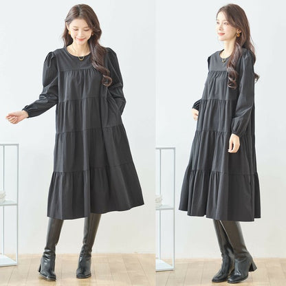 【M〜L】ティアードロングワンピース｜落ち感素材・体型カバー・タックスリーブ・amie studio N82-424