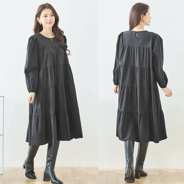 【M〜L】ティアードロングワンピース｜落ち感素材・体型カバー・タックスリーブ・amie studio N82-424
