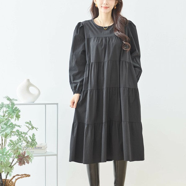 【M〜L】ティアードロングワンピース｜落ち感素材・体型カバー・タックスリーブ・amie studio N82-424