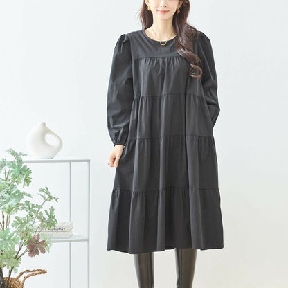 【M〜L】ティアードロングワンピース｜落ち感素材・体型カバー・タックスリーブ・amie studio N82-424