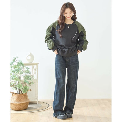 【M〜L・L〜LL】ウエストドローストリングストレートデニム｜TRUBE レディース ジーンズ 体型カバー ゆったり N52-132A