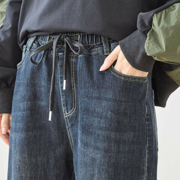 【M〜L・L〜LL】ウエストドローストリングストレートデニム｜TRUBE レディース ジーンズ 体型カバー ゆったり N52-132A