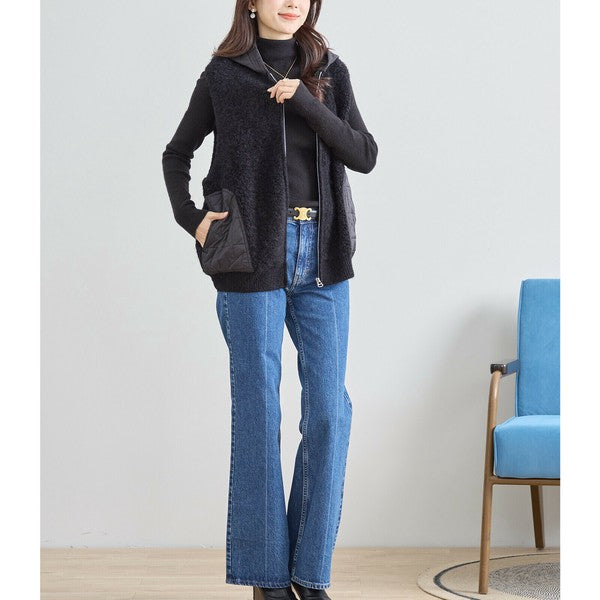 【M〜L】星柄キルティングブークレニットベスト｜TRUBE レディース フード付き 異素材切替 ジップ 前開き N35-025A