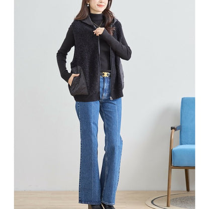 【M〜L】星柄キルティングブークレニットベスト｜TRUBE レディース フード付き 異素材切替 ジップ 前開き N35-025A