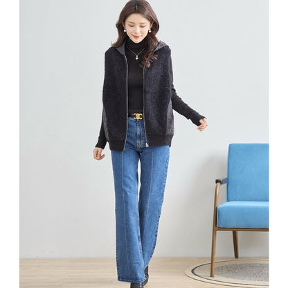 【M〜L】星柄キルティングブークレニットベスト｜TRUBE レディース フード付き 異素材切替 ジップ 前開き N35-025A