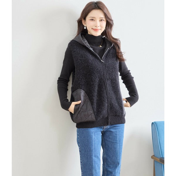 【M〜L】星柄キルティングブークレニットベスト｜TRUBE レディース フード付き 異素材切替 ジップ 前開き N35-025A